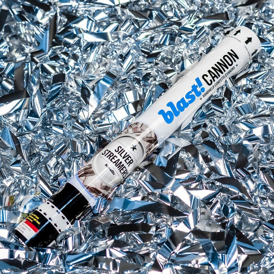 sliver confetti cannon with silver ribbons background
